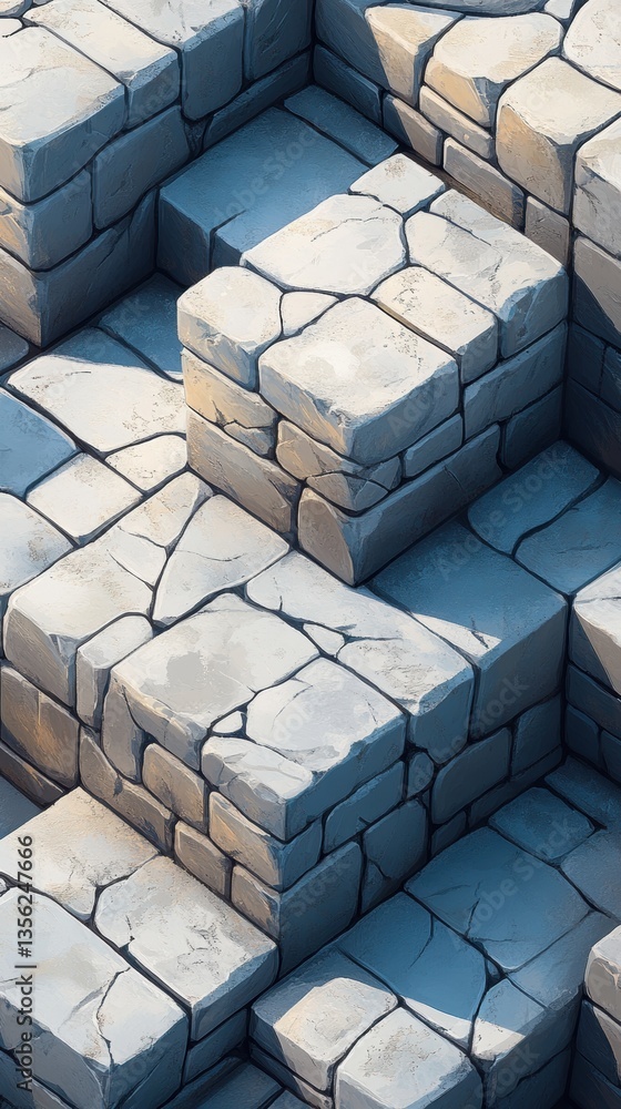 Poster detailed view of textured stone blocks arranged in uneven layers in a brightly lit environment ideal