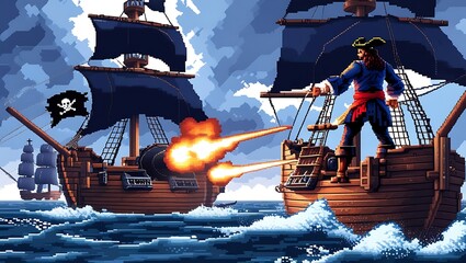 A dramatic pixel-art naval battle between two pirate ships under a stormy sky. 