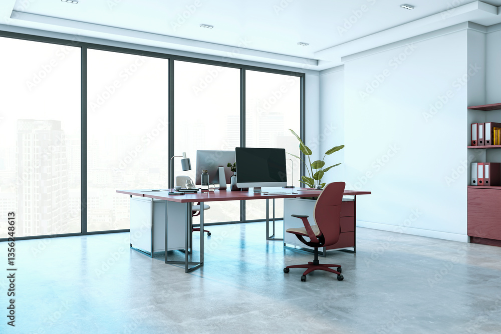 Poster modern executive office with large windows and city view. 3d rendering