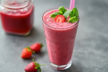 Strawberry smoothie in glass, on gray surface, with jar of smoothie in background