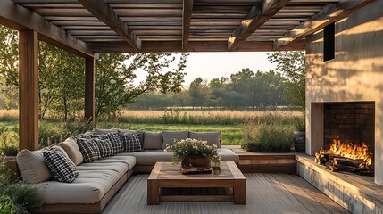 A charming farmhouse patio with a large wooden pergola, a built-in stone fireplace glowing with warmth, a deep-cushioned sectional sofa with checkered pillows,