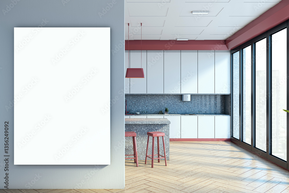 Poster modern kitchen interior with large window, city view and blank vertical canvas on wall. 3d rendering