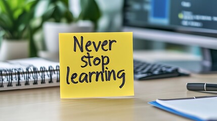 Motivational Sticky Note on Learning, A motivational sticky note saying Never stop learning placed on a wooden table next to a decorative plant in a patterned pot