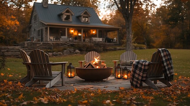 A charming farmhouse-inspired outdoor seating area around a large fire pit, rustic wooden Adirondack chairs with plaid blankets, vintage lanterns casting a soft glow, autumn leaves scattered around,