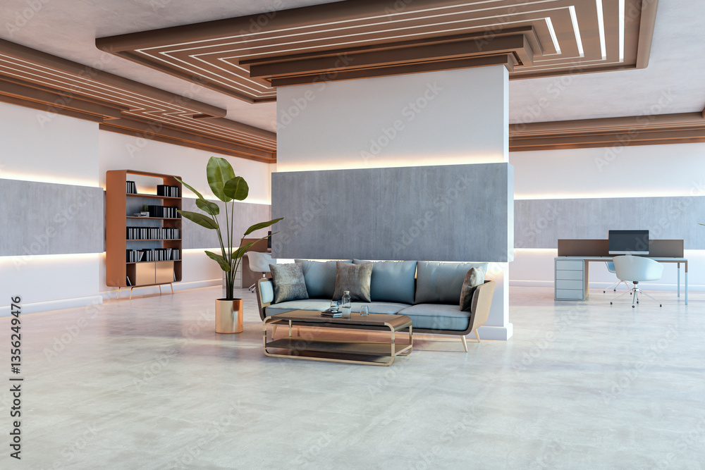 Poster modern office waiting area with stylish furniture and elegant lighting design. 3d rendering