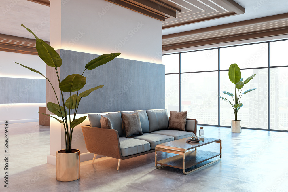 Poster Modern waiting area with stylish sofa and coffee table in a spacious office center. Large windows provide a city view with natural light. 3D Rendering