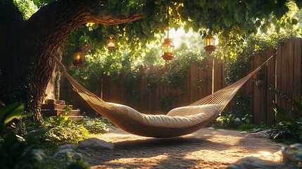 A charming farmhouse-style hammock setup, a simple rope hammock with soft beige cushions, positioned beneath a tree with hanging lanterns, a rustic wooden fence and climbing ivy in the background,