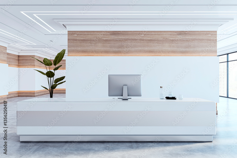Aufkleber Modern reception desk in a bright office lobby with a computer and decorative elements. 3D Rendering