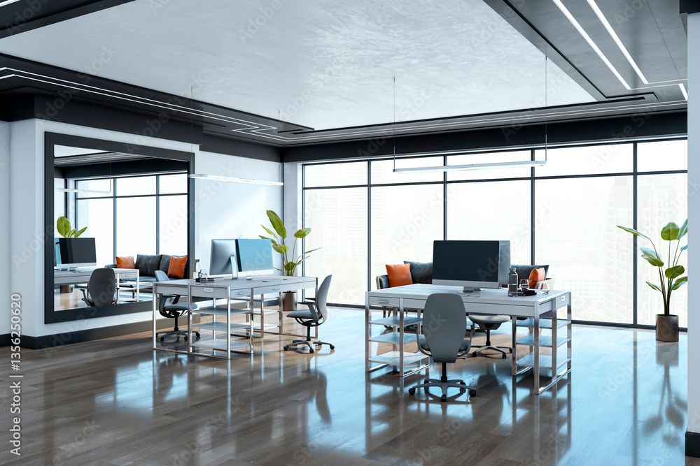 Poster modern office workspace with desks, ergonomic chairs, and computers in a spacious room with large wi