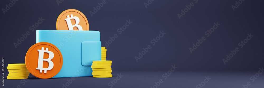 Poster Bitcoin wallet with digital coins on dark background. 3D Rendering