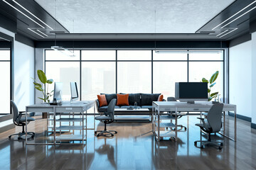 Modern executive office with desks, chairs, and a sofa in a spacious room with large windows showcasing a city view. 3D Rendering