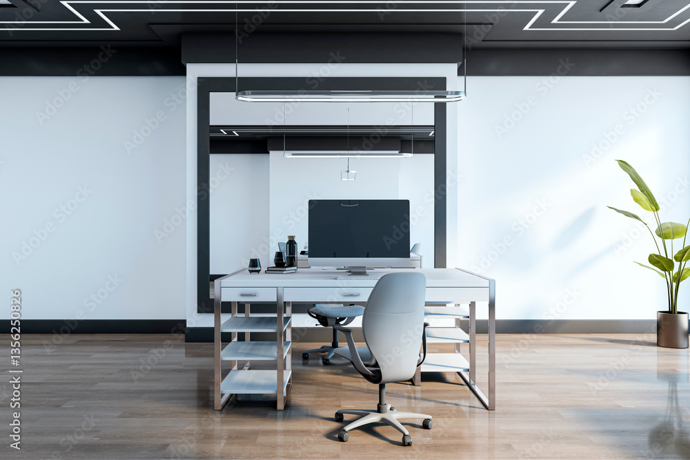Aufkleber modern executive office with sleek white desk, ergonomic chair, and desktop computer in a spacious, 