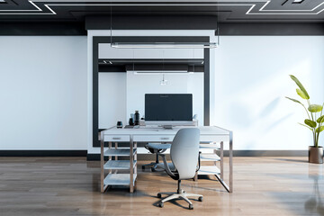 Modern executive office with sleek white desk, ergonomic chair, and desktop computer in a spacious, well-lit workspace with stylish decor. 3D Rendering