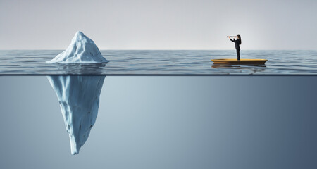Businesswoman on a boat looking through a telescope at a floating iceberg, revealing a massive...