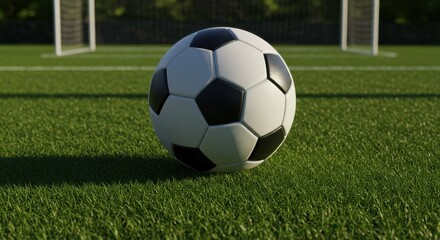 A Close-Up View of a Classic Black and White Soccer Ball Resting on a Lush Green Field