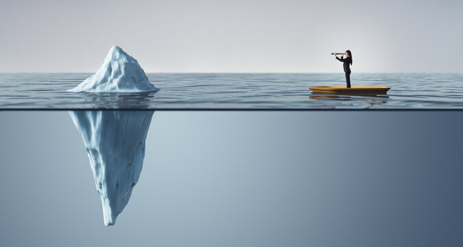 Businesswoman on a boat looking through a telescope at a floating iceberg, revealing a massive hidden part underwater. Concept of risk and strategy.