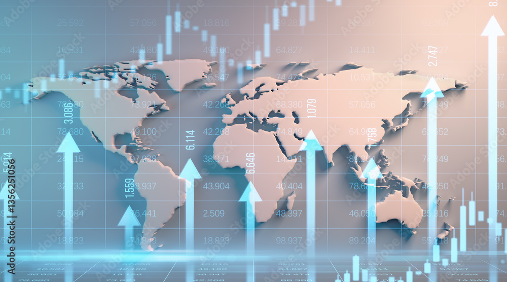 Poster 3D world map with financial graph and upward arrows. 3D Rendering