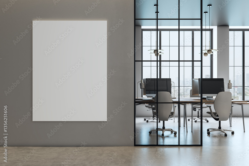 Poster modern office interior with blank vertical canvas on gray wall. 3d rendering