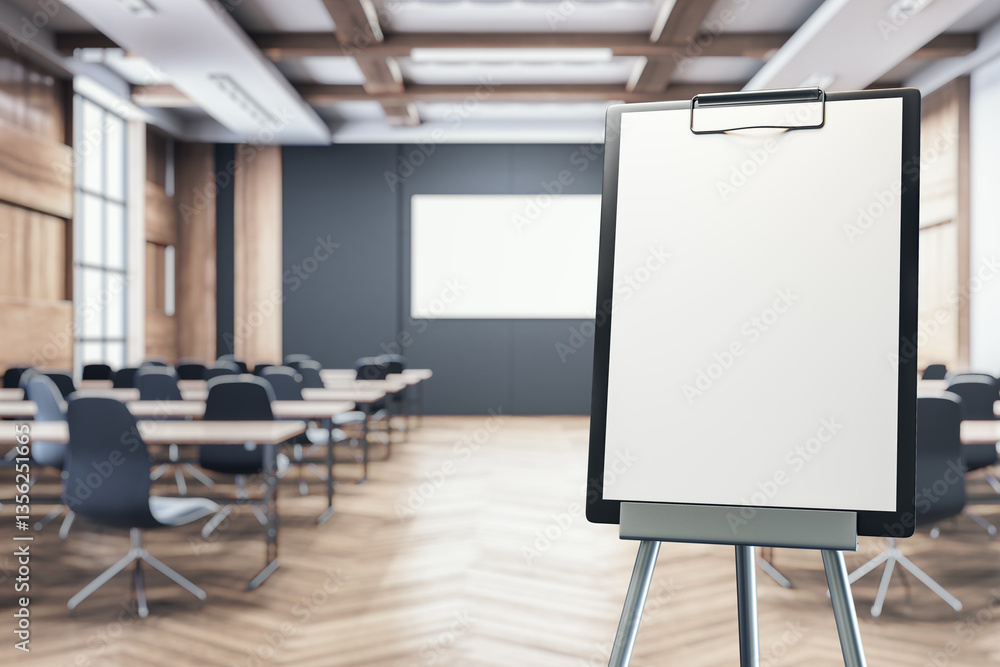 Poster blank flipchart stand in modern conference hall. 3d rendering