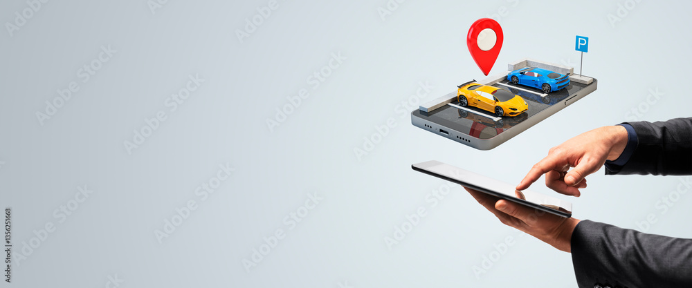 Poster car sharing mobile application concept with a businessman using a tablet.