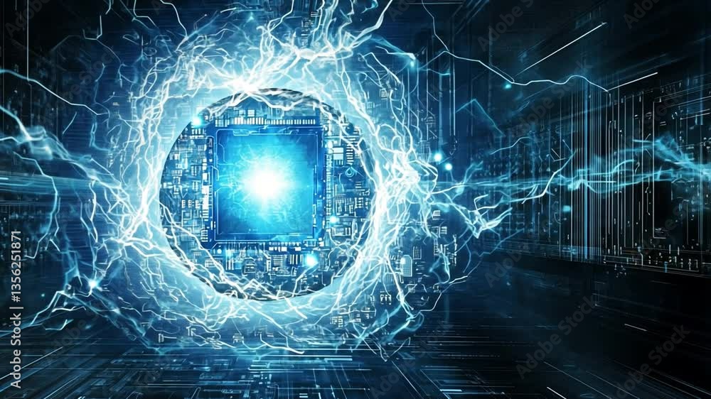 Poster digital core: high-tech abstract design featuring an abstract digital core or cpu, showcasing dynami