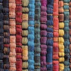 Colorful close-up of woven threads in rich textures displaying vibrant hues and patterns for textile, craft, and design inspiration