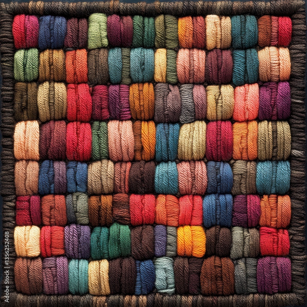Poster colorful threads displayed in neat rows for crafting and sewing projects with vibrant textures and p