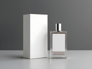 "Elegant White Perfume Bottle and Box Mockup on Gray Gradient Background: Perfect for Branding and Product Design"
