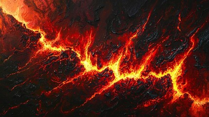 Volcanic eruption with molten lava flowing down