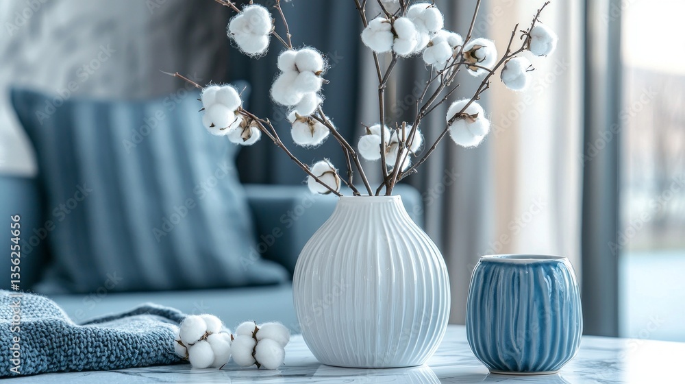 Poster a beautiful display of cotton branches in a ribbed white vase sits atop a marble table in a modern l