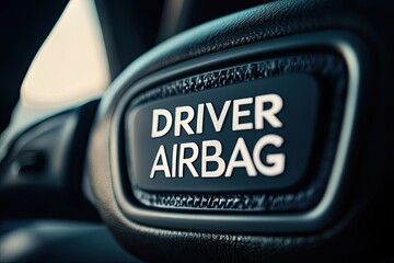 Close-up of a car&#x27;s driver airbag label.  The label is prominently displayed on the steering column