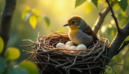 a small bird sitting on top of a nest in a tree