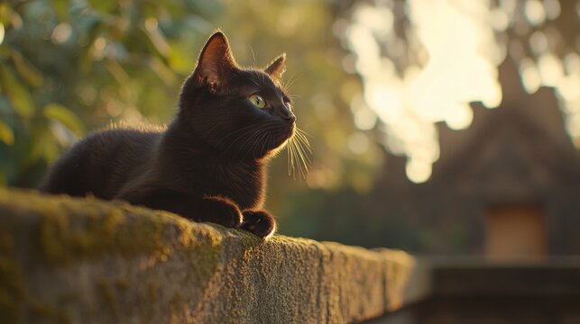 A sleek black cat with glowing green eyes lounges on a moss-covered stone wall, surrounded by blurred ancient ruins in soft sunlight, exuding timeless elegance - Powered by Adobe