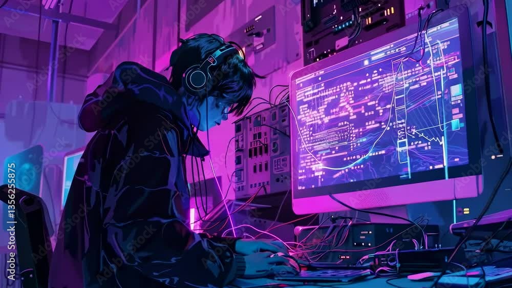Poster cyberpunk video style with a low-angle view of a hacker in a neon-lit room, surrounded by screens an
