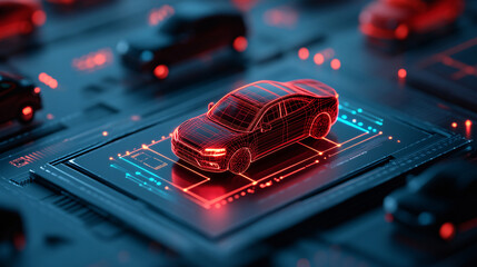 futuristic digital representation of car is displayed on circuit board, showcasing glowing wireframe design. scene is filled with intricate details, emphasizing technology and innovation
