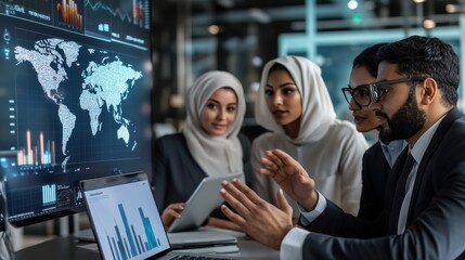 A diverse team of professionals collaborating on a global project, analyzing data on large screens in a modern office with sleek technology.
