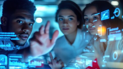 A diverse team intensely collaborates on a futuristic interactive display, their focused expressions reflecting innovative problem-solving in a vibrant tech environment with cool blue hues.