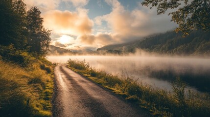 Obraz premium Serene lakeside path shrouded in mist at dawn, nature's tranquil embrace