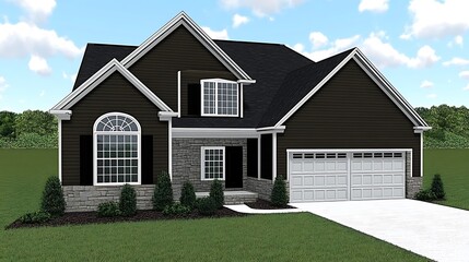 Two-story dark brown house with stone accents and white trim.