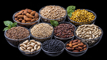 vibrant assortment of various seeds and nuts displayed in glass bowls, showcasing their diverse textures and colors, perfect for healthy eating