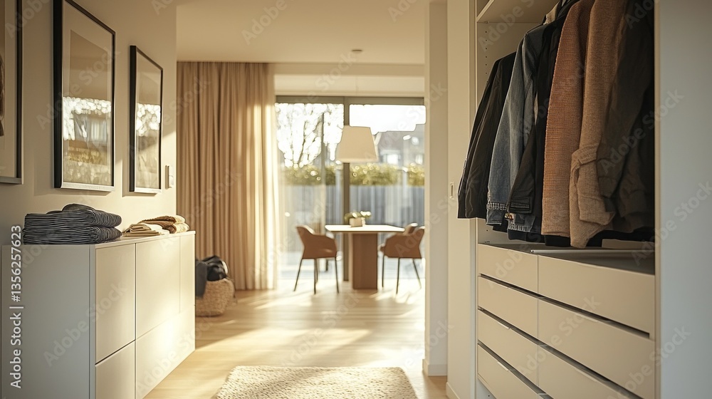 Poster inviting entryway showcases a set of neatly arranged coats and blankets, guiding the eye towards a s