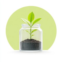 Fresh Green Plant Growing in Glass Jar with Soil and Minimalist Design
