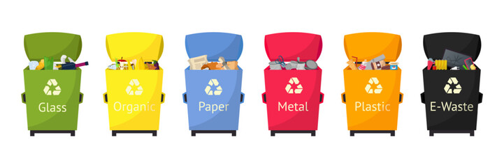 Recycling bins set for waste sorting: glass, organic, paper, metal, plastic and e-waste. Color-coded trash containers. Flat vector illustrations for environmental awareness and waste management.