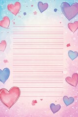 A lovely decorated lined paper background with watercolor hearts