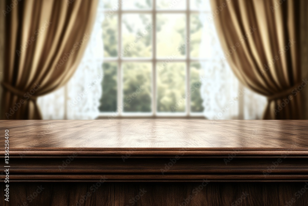 Poster wooden tabletop in front of a window with sheer curtains. soft, diffused light filters through the w