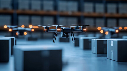 Obraz premium modern warehouse scene featuring drone flying above stacked boxes, showcasing advanced technology and automation logistics. atmosphere is efficient and high tech, emphasizing role of drones