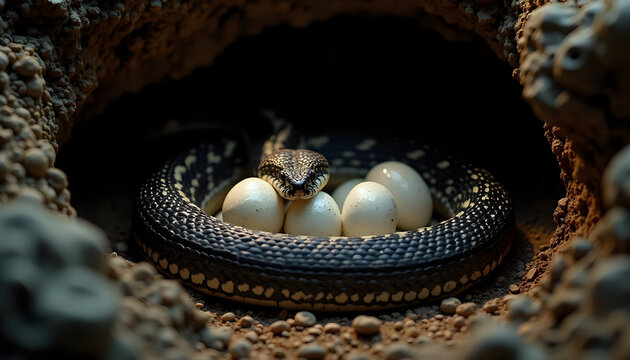 a snake laying eggs in a hole