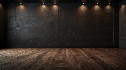 Old dark brown-black background. with walls and floors having textures It has a grunge style design with gray cement, stone and wooden elements.
