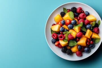 Colorful Fruit Salad with Melon and Berries on Blue Background