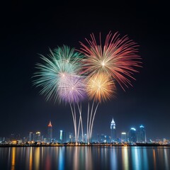 Colorful Fireworks Display over City Skyline at Night Celebrate Events